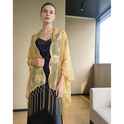 Floral sequins fringed shawl - floral,
