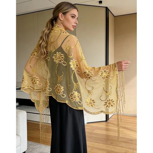 Floral sequins fringed shawl - fringed,
